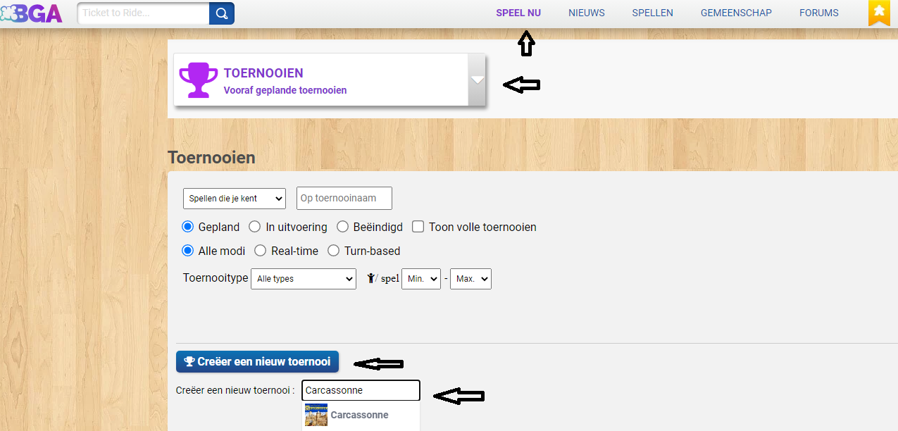 BGA: Play now, Tournaments, Create a new tournament